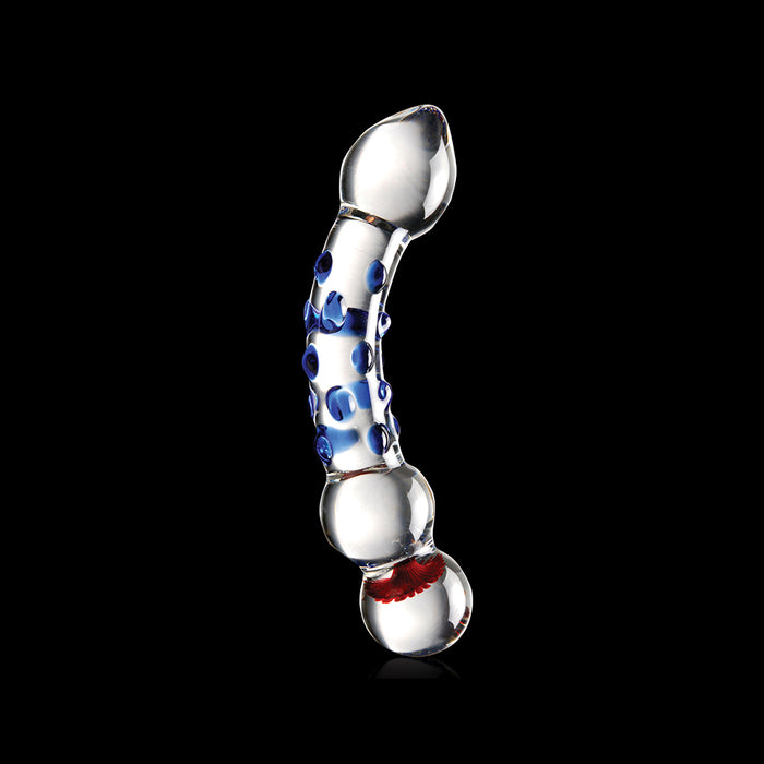 Pipedream Icicles No. 18 Curved Textured 7.5 in. Glass Dildo Blue/Red/Clear