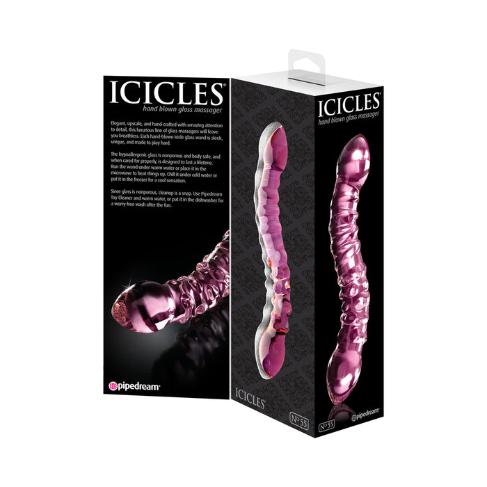Pipedream Icicles No. 55 Curved Textured 7.75 in. Dual-Ended Glass Dildo Pink