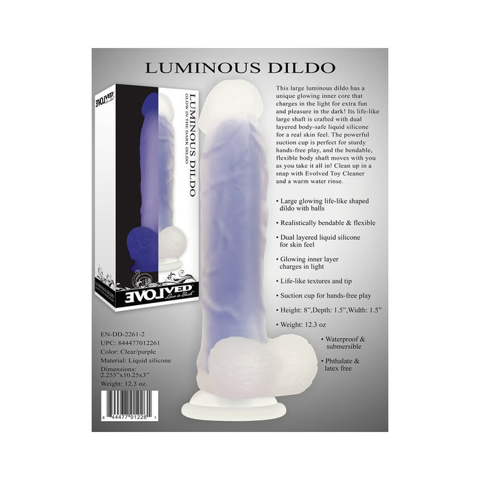 Evolved Luminous Poseable Glow in the Dark 8 in. Dildo With Balls Clear/Purple