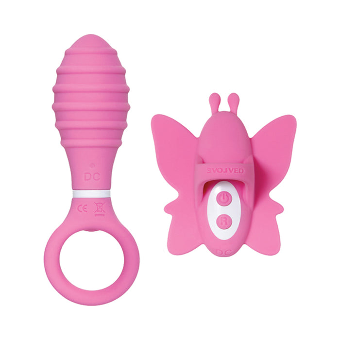 Evolved Double Date Rechargeable Silicone Vibrating Anal Plug and Clit Stimulator Couples Set Pink