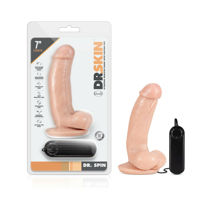 Blush Dr. Skin Dr. Spin Realistic 7 in. Gyrating and Vibrating Dildo with Balls & Suction Cup Beige