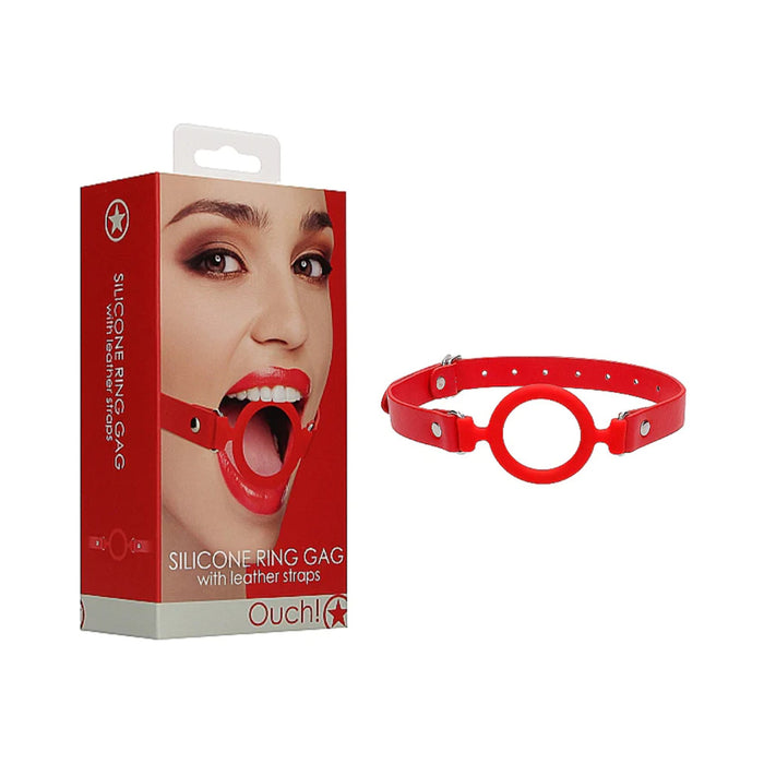 Ouch! Adjustable Silicone Ring Gag With Leather Straps Red