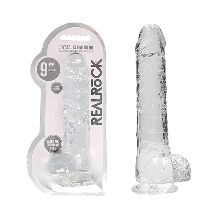 RealRock Crystal Clear Realistic 9 in. Dildo With Balls and Suction Cup Clear