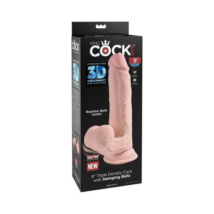 Pipedream King Cock Plus 9 in. Triple-Density Cock With Swinging Balls Dildo Beige