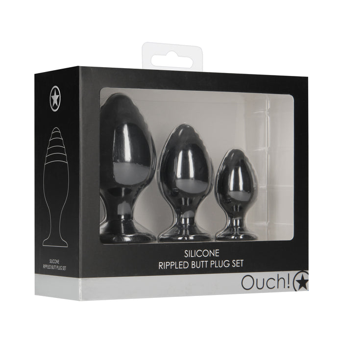 Ouch! 3-Piece Silicone Rippled Anal Plug Set Black