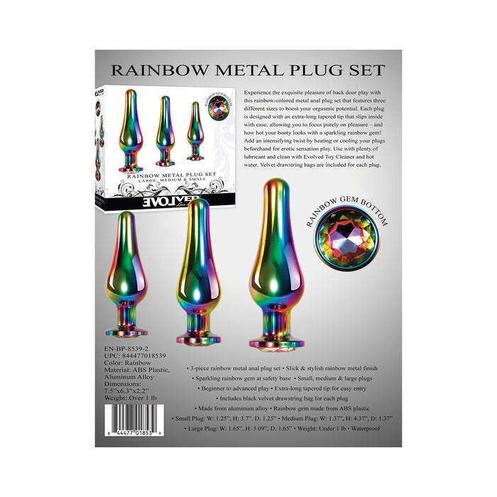 Evolved 3-Piece Rainbow Metal Anal Plug With Rainbow Gemstone Base Set