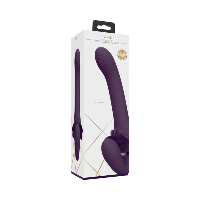 VIVE SATU Rechargeable Triple Motor Pulse-Wave Vibrating Silicone Strapless Strap-On Purple