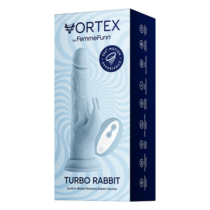 FemmeFunn Vortex Turbo Rabbit 2.0 8 in. Dual Stimulation Vibrating Dildo Light Blue