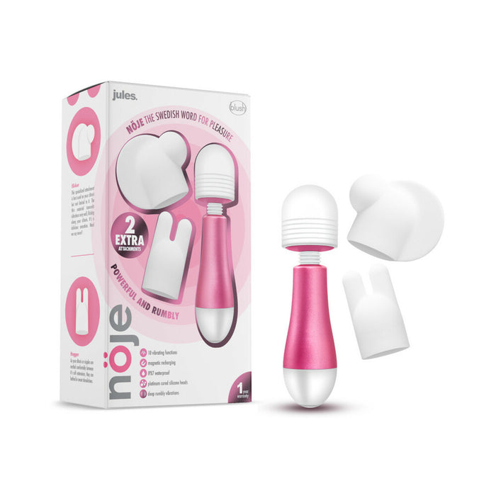 Blush Noje Jules Rechargeable Mini Wand Vibrator with 3 Silicone Head Attachments Rose