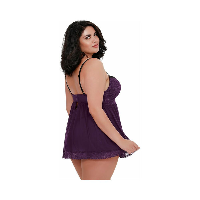 Dreamgirl Stretch Mesh and Lace Babydoll Plum Queen 2X Hanging