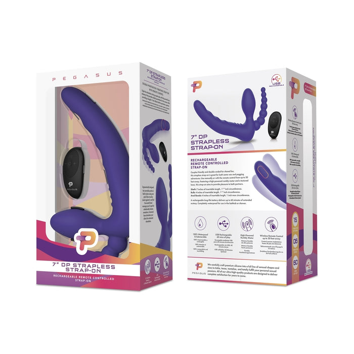 Pegasus 7 in. DP Strapless Strap-On Rechargeable Remote-Controlled Silicone Dual Entry Dildo Purple