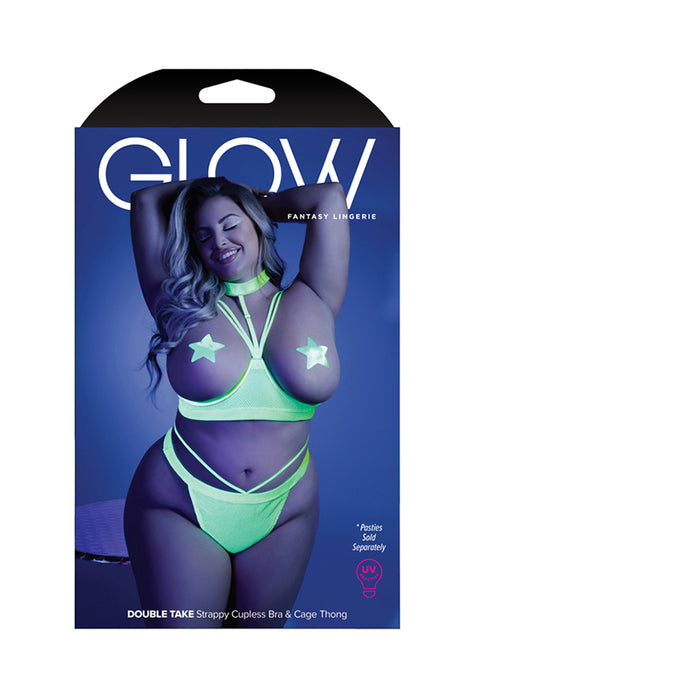 Fantasy Lingerie Glow Double Take Strappy Harness Open-Shelf Bra & Cage Thong Neon Lemon Queen Size