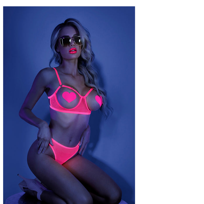 Fantasy Lingerie Glow Sweet Escape Open-Cup Cage Bra & Crotchless Neon Pink Panty M/L