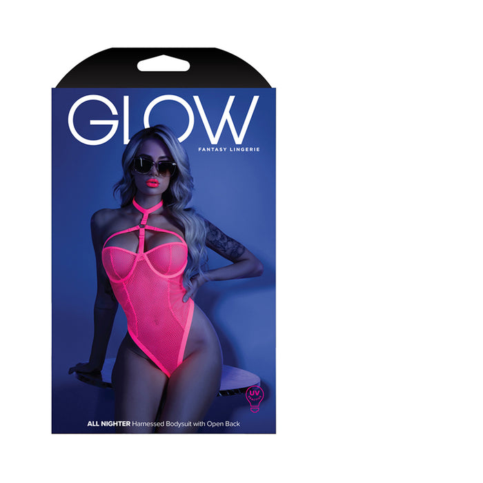 Fantasy Lingerie Glow All Nighter Harnessed Mesh Bodysuit Neon Pink S/M