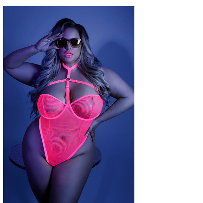 Fantasy Lingerie Glow All Nighter Harnessed Mesh Bodysuit Neon Pink Queen Size