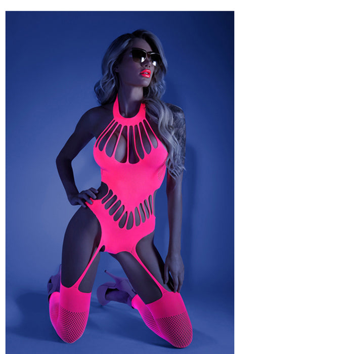Fantasy Lingerie Glow No Promises Footless Teddy Bodystocking Neon Pink O/S