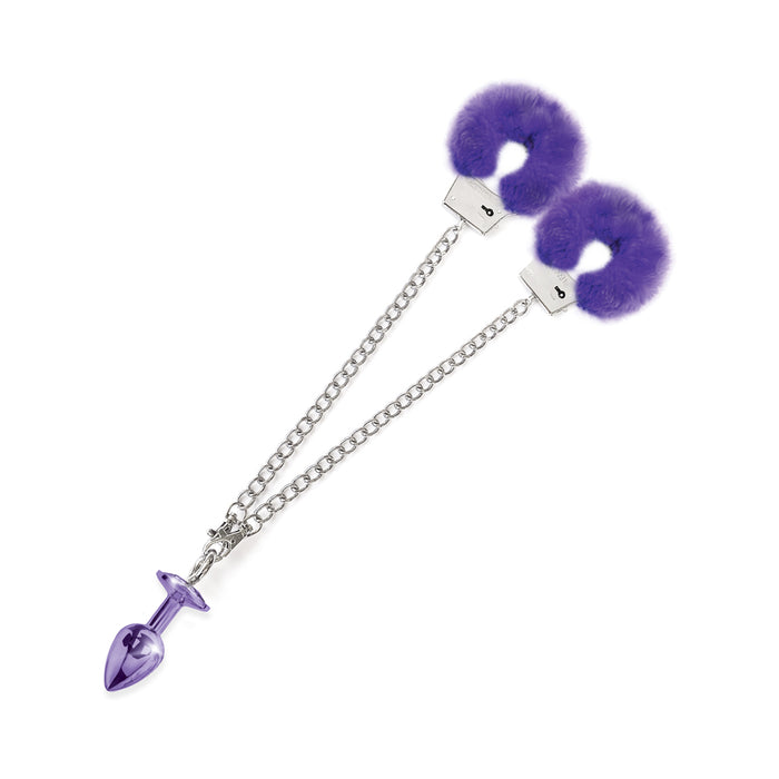 Nixie Metal Butt Plug & Furry Handcuff Set Medium Purple Metallic
