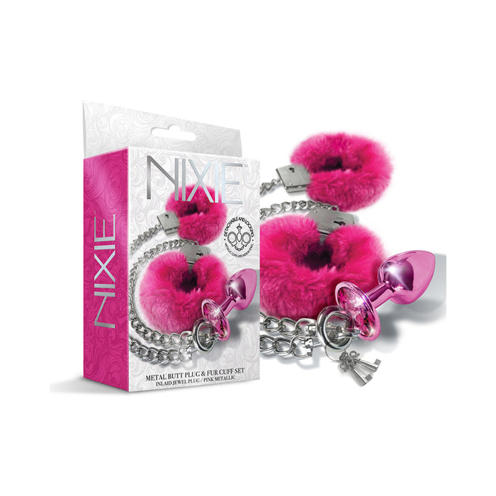 Nixie Metal Butt Plug & Furry Handcuff Set Medium Pink Metallic