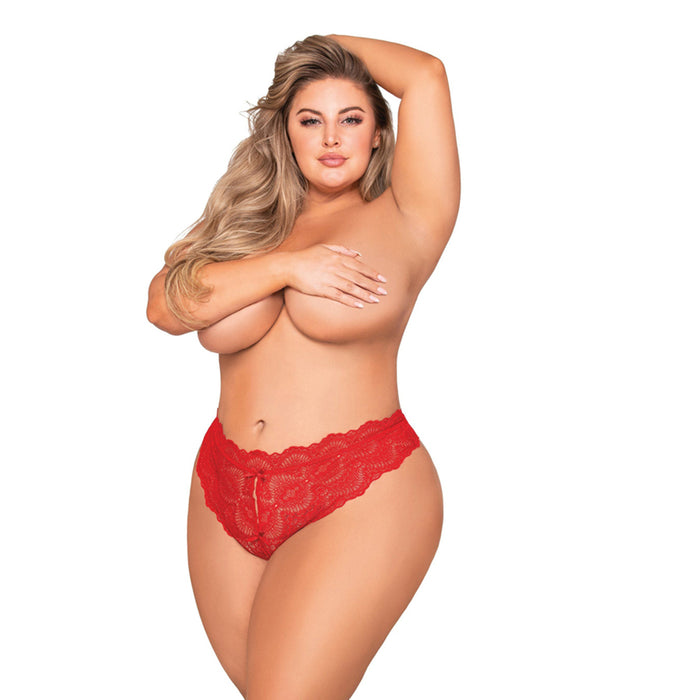 Dreamgirl Lace Tanga Open-Crotch Panty and Elastic Open Back Detail Red 1X Hanging