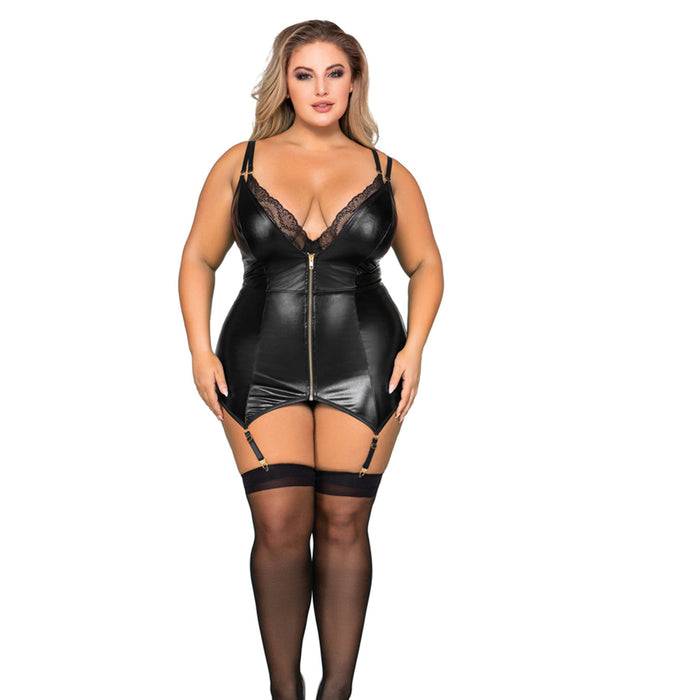 Dreamgirl Double-Layer-Front Teddy and Slip with Attached Garters Black 1X Hanging