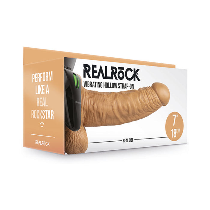RealRock Realistic 7 in. Vibrating Hollow Strap-On With Balls Tan