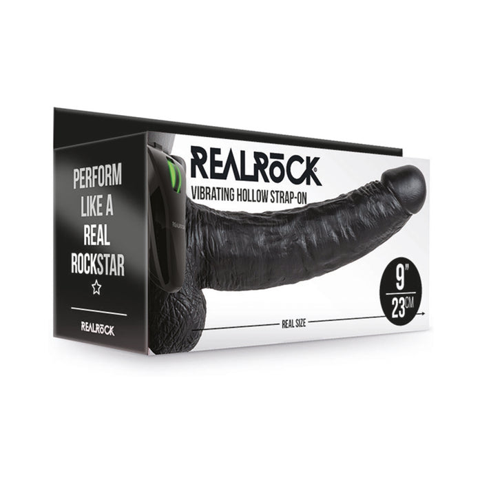 RealRock Realistic 9 in. Vibrating Hollow Strap-On With Balls Black