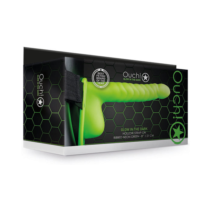 Ouch! Ribbed 8 in. Glow in the Dark Hollow Strap-On with Balls Neon Green
