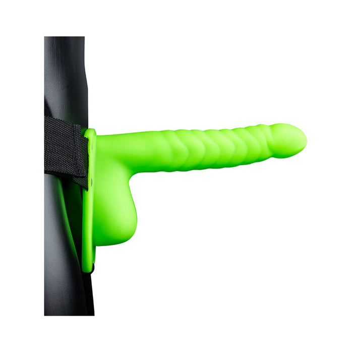 Ouch! Ribbed 8 in. Glow in the Dark Hollow Strap-On with Balls Neon Green