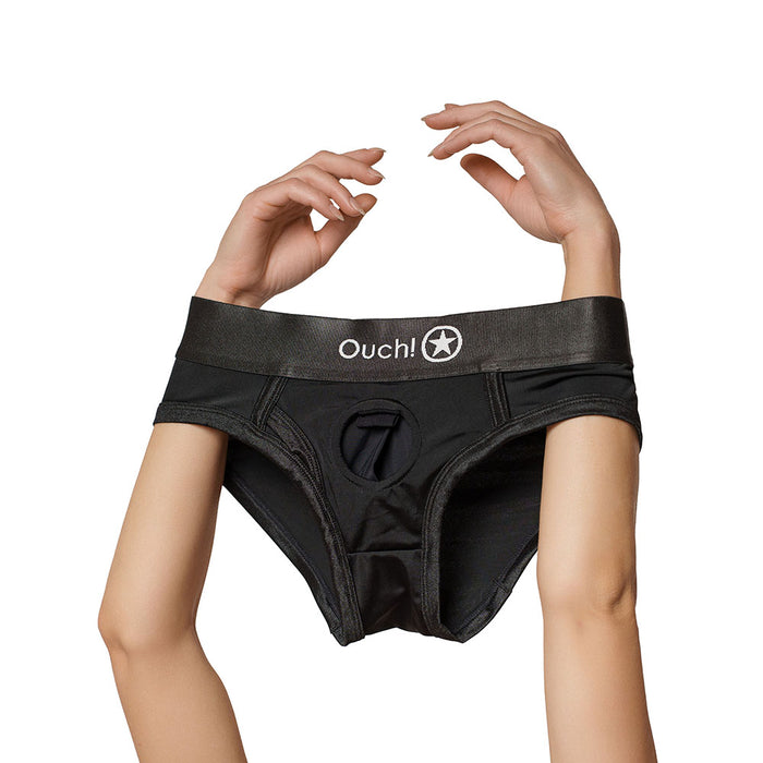 Shots Ouch! Vibrating Strap-on High-cut Brief Black XS/S