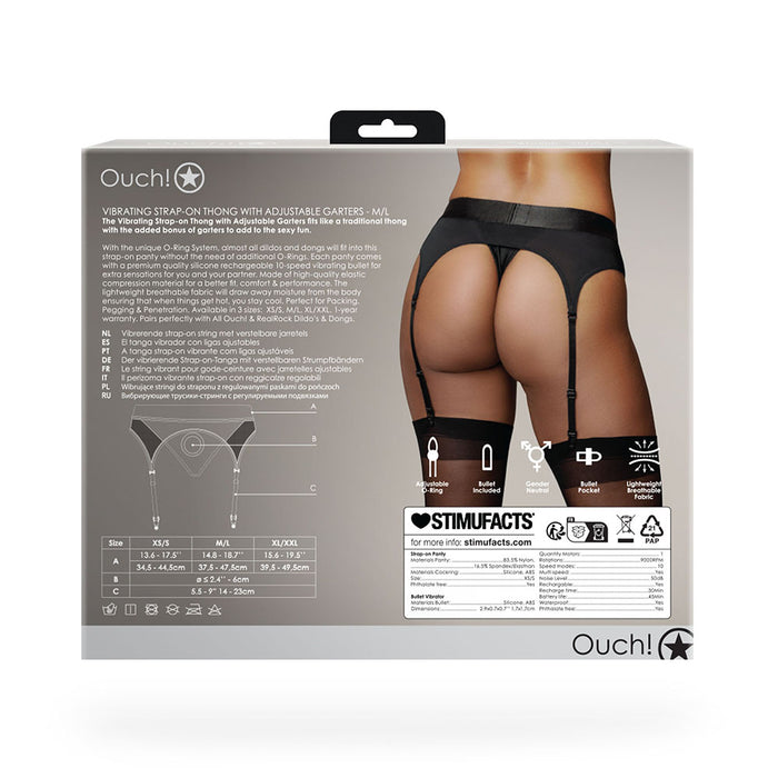 Shots Ouch! Vibrating Strap-on Thong with Adjustable Garters Black M/L