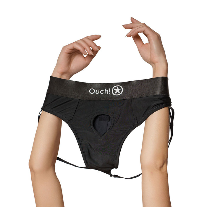 Shots Ouch! Vibrating Strap-on Panty Harness with Open Back Black M/L