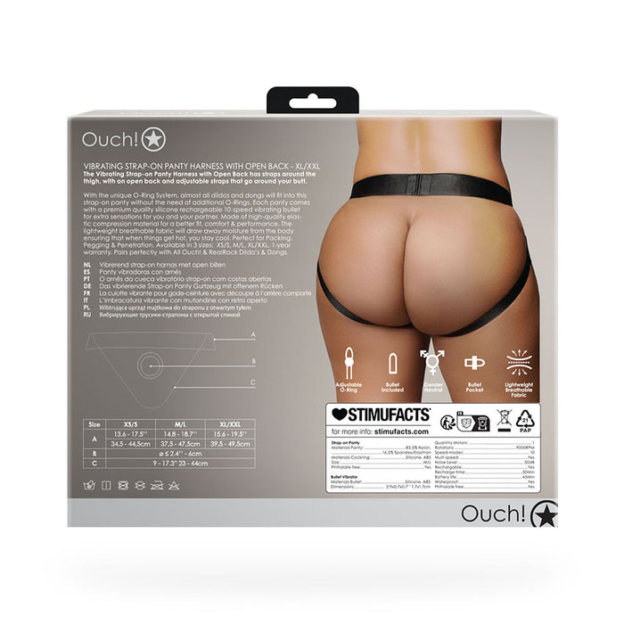 Shots Ouch! Vibrating Strap-on Panty Harness with Open Back Black XL/2XL