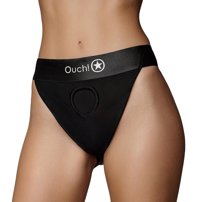 Shots Ouch! Vibrating Strap-on Panty Harness with Open Back Black XS/S