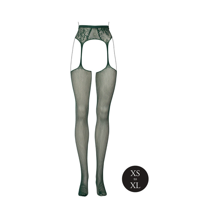 Le Desir Fishnet and Lace Garterbelt Stockings Midnight Green O/S