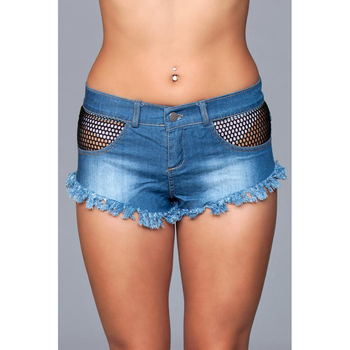 Denim Shorts With Fishnet Top Trimming  Frindge Bottom Black Small Packaging Hanging