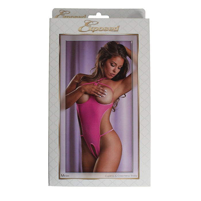Magic Silk Mesh Cupless & Crotchless Teddy Pink S/M