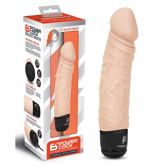 Powercock 6.5 in. Realistic Vibrator Rechargeable Silicone Vibrating Dildo Beige