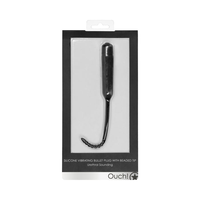Ouch! Urethral Sounding Silicone Vibrating Bullet Plug With Beaded Tip Black 5.5 mm - 7 mm