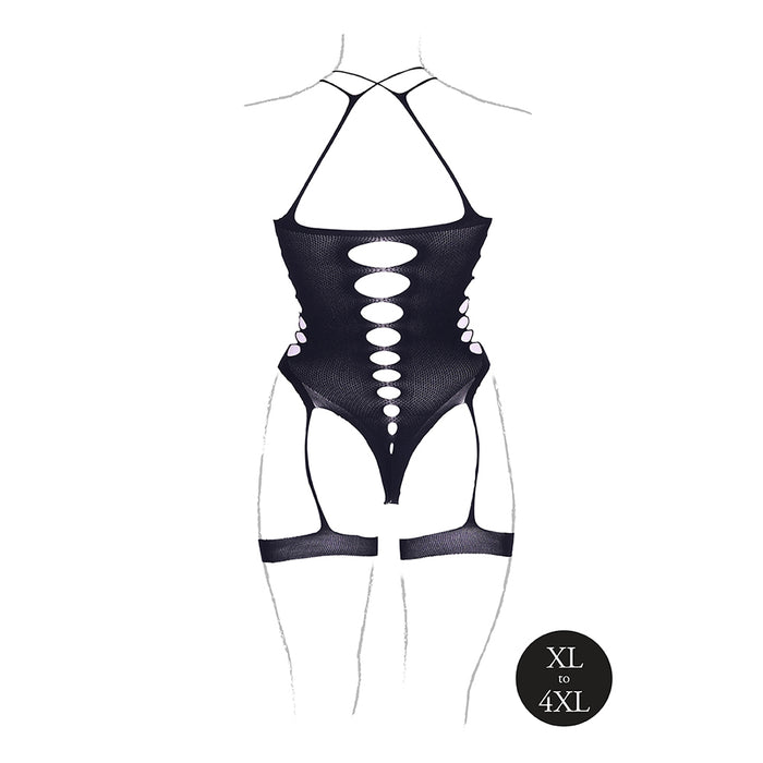 Shots Le Desir Shade Metis XVI Bodysuit with Garters & Crossed Neckline Black Queen Size