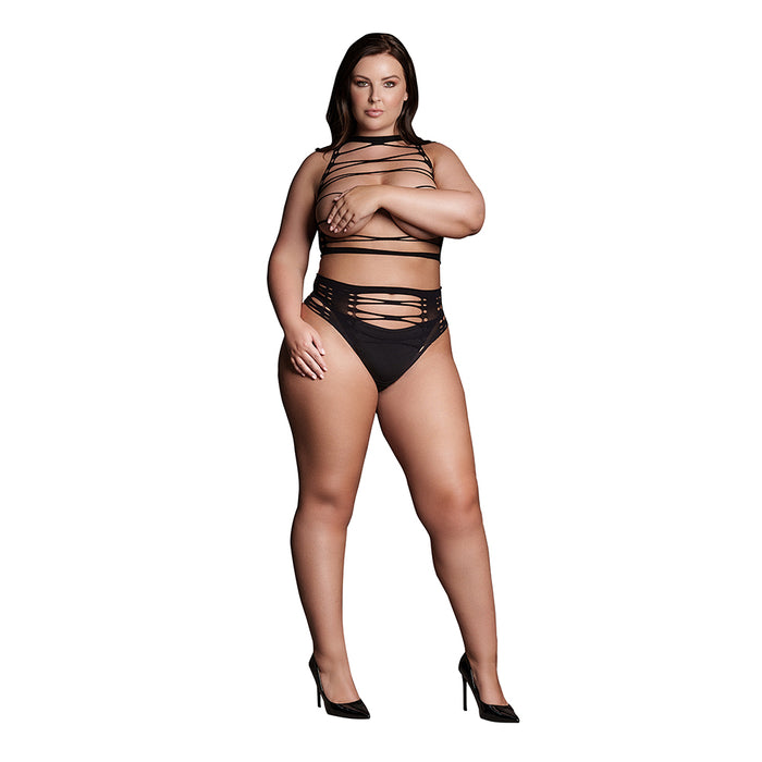 Shots Le Desir Shade Helike XLV 2-Piece with Open Cups, Crop Top & Panty Black Queen Size