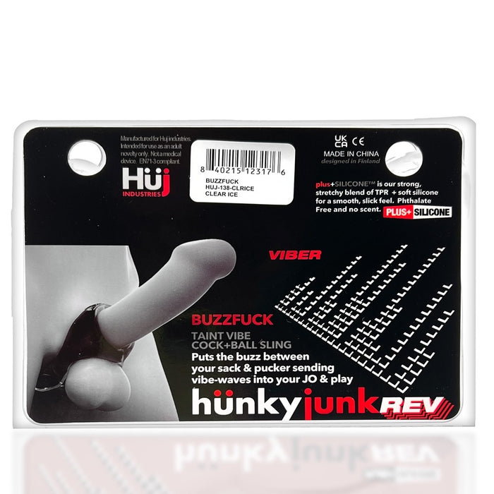 Hunkyjunk Buzzfuck Cock & Ball Sling with Taint Vibrator Clear Ice