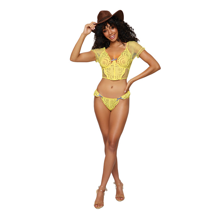 Dreamgirl Embroidered Eyelet Band and Stretch Fishnet Bustier and G-string Set Citrus M