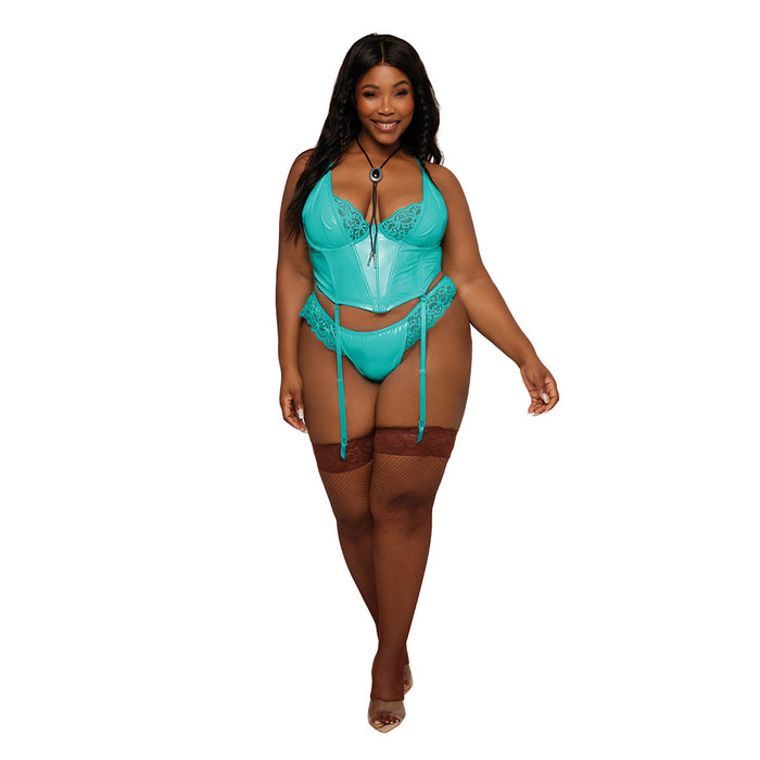 Dreamgirl Stretch Vinyl and Lace Bustier and G-string Set Ocean 1XL