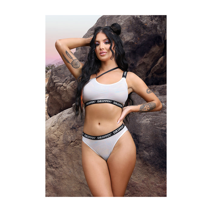 Fantasy Lingerie Vibes Drippin' Iridescent Strappy One-Shoulder Top & Panty Pearl White S/M