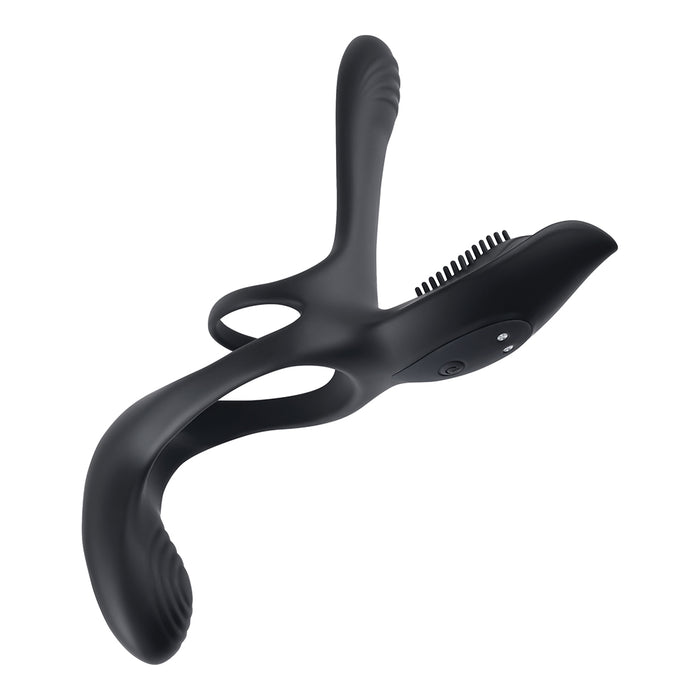 Playboy The 3 Way Rechargeable Remote Controlled Vibrating Silicone Cockring with Stimulator Black