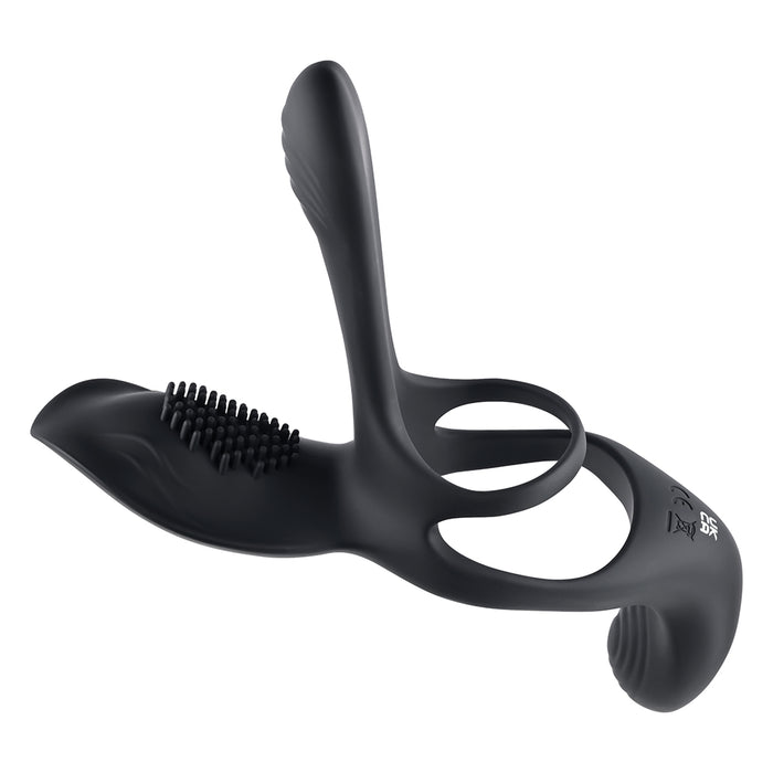 Playboy The 3 Way Rechargeable Remote Controlled Vibrating Silicone Cockring with Stimulator Black