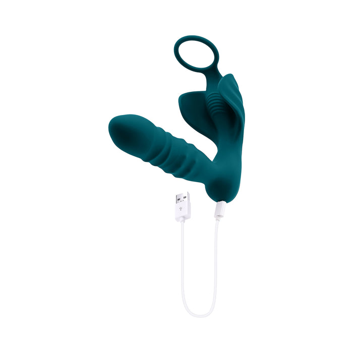 Playboy Bring It On Rechargeable Silicone Thrusting Anal Plug with Vibrating Ball Cradle Deep Teal