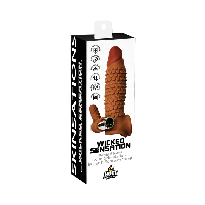 Skinsations Wicked Sensation Textured Penis Sleeve With Scrotum Strap Multi-Speed Bullet Rechargeable