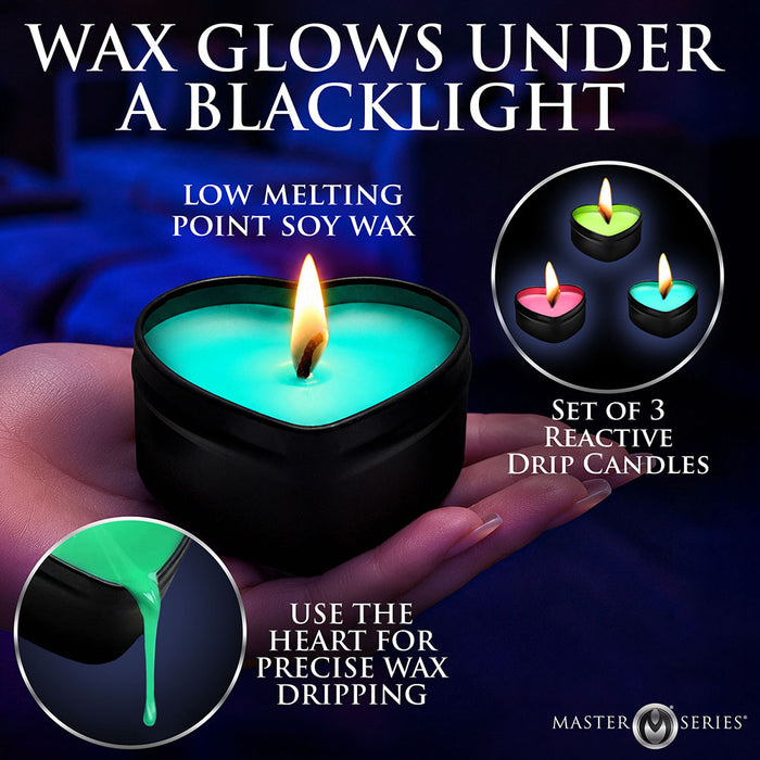 Master Series UV Blacklight Reactive Heart Drip Candle 3-Piece Set