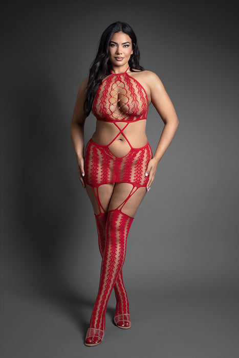 Fantasy Lingerie Sheer Crystal Club Say Less Cut-Out Halter Bodystocking Dress Queen Size